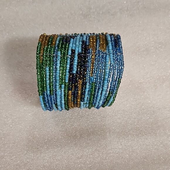 Turquoise Peacock Aqua Blue Seed Beads Memory Wire Cuff Bracelet - Picture 3 of 3
